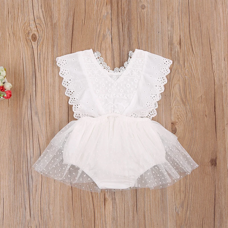 Summer Newborn Baby Girl Clothes Sleeveless Solid Color White Lace Flower Ruffle Romper Jumpsuit Outfit Sunsuit