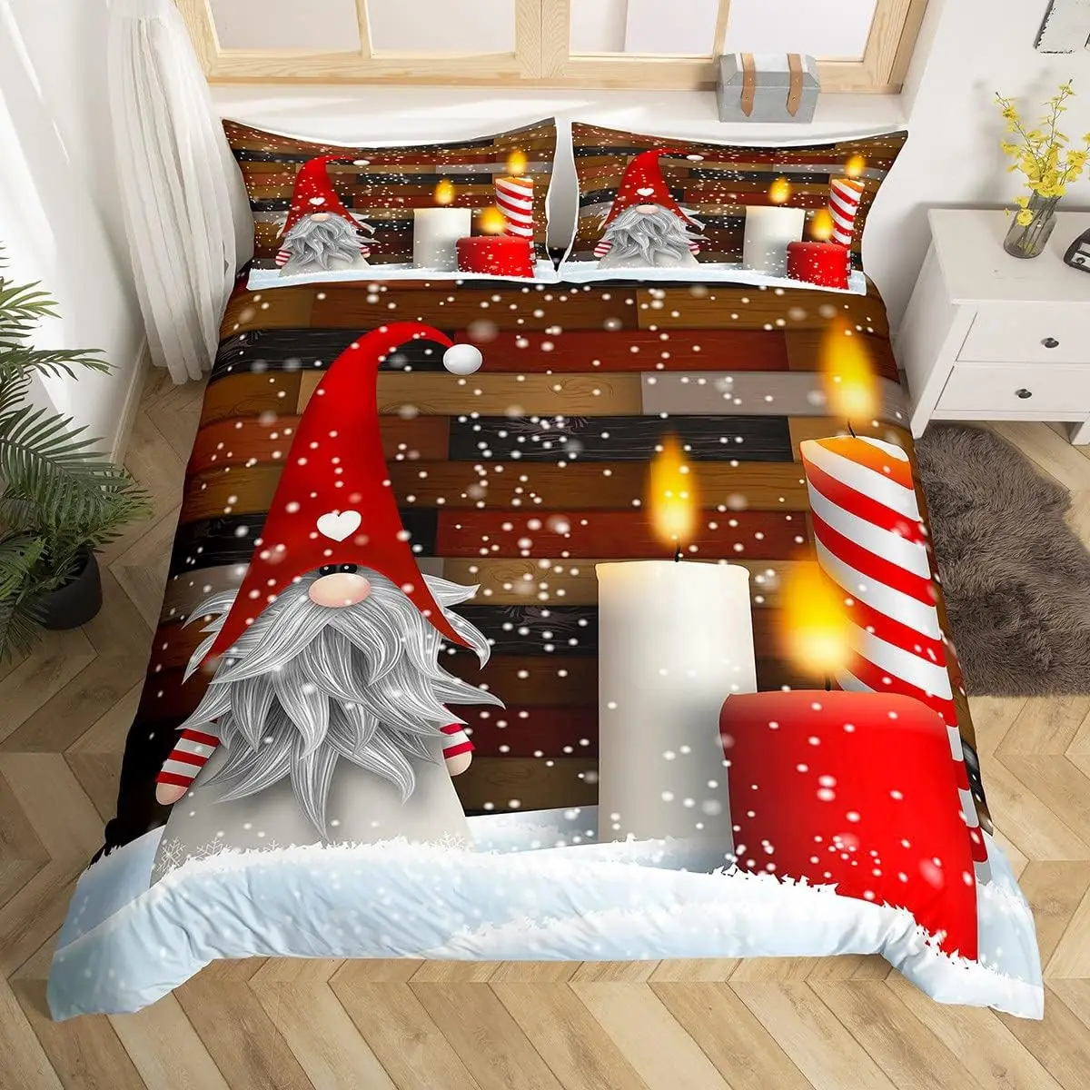 Merry Christmas Bedding Sets Christmas Santa Gnomes Comforter Cover Snowing Santa Claus Bedding Sets for Kids Boys Girls Decor