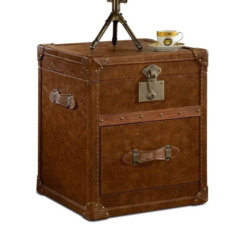

Medieval rural retro leather box type coffee table French side cabinet storage box bedside table American coffee