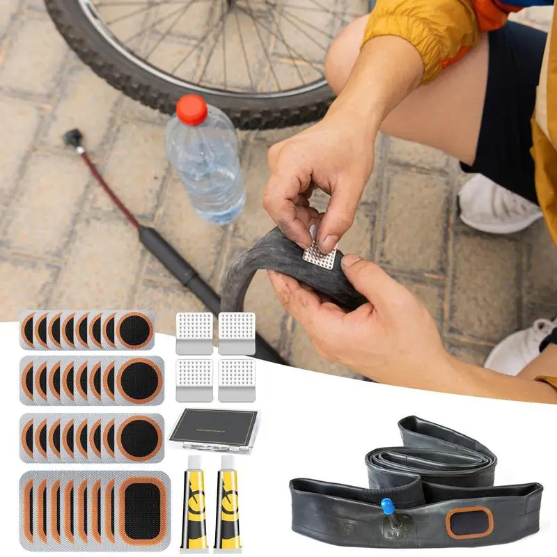 Bike Tire Repair Kit 32pcs Vulcanizing Repair Patches for Repair Flat Tires with Metal Rasp Tire Tube Patch Kit