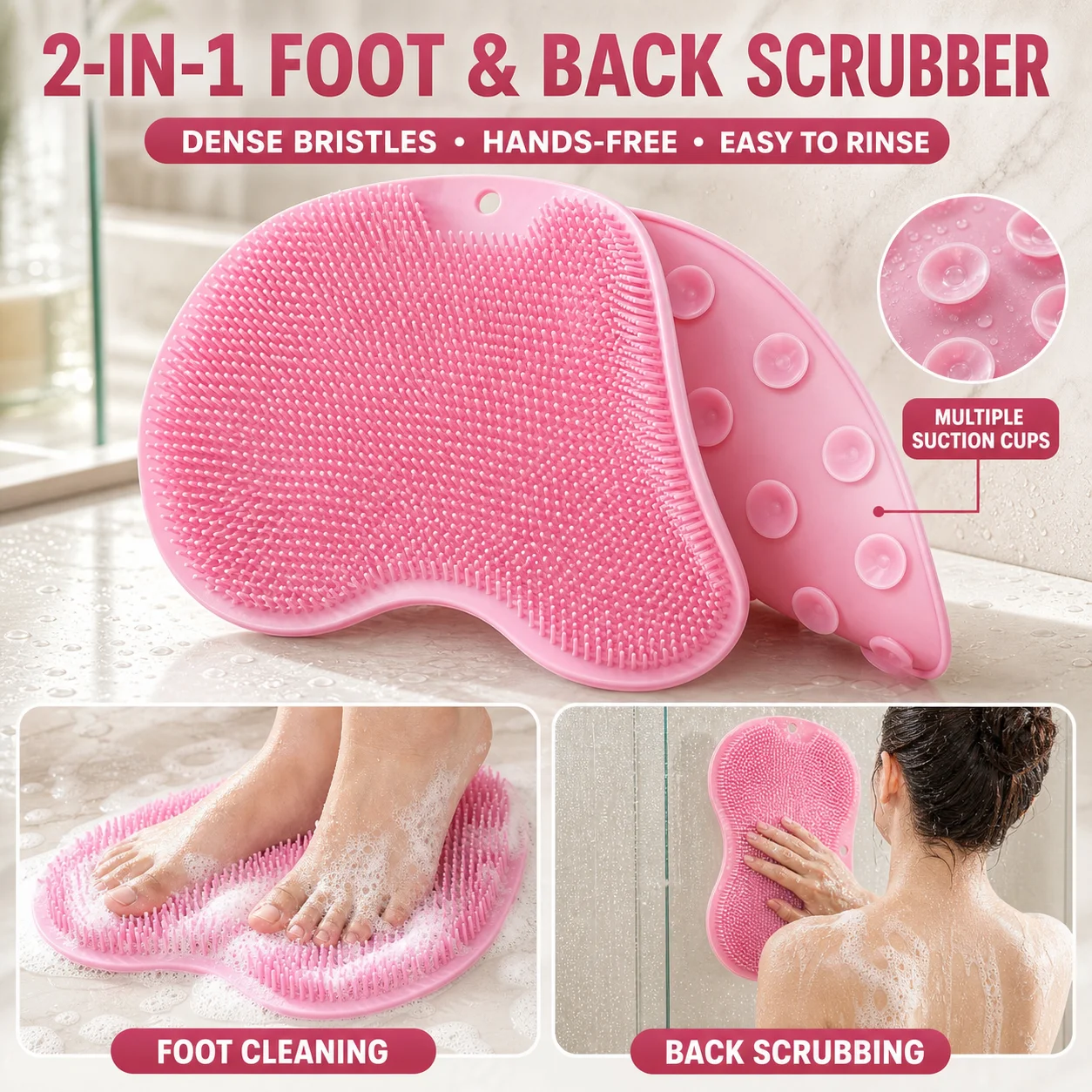2 in 1 Foot and Back Scrubber Mat with Suction Cups Hands Free Wall Mounted Shower Massage Brush for Women Seniors Bathroom