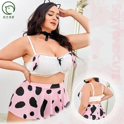 4XL Plus Size Women Sexy Lingerie Bra Nightwear Sleepwear Cow Print Hollow Out Buttocks Skirt Top Erotic Costume Underwear Set