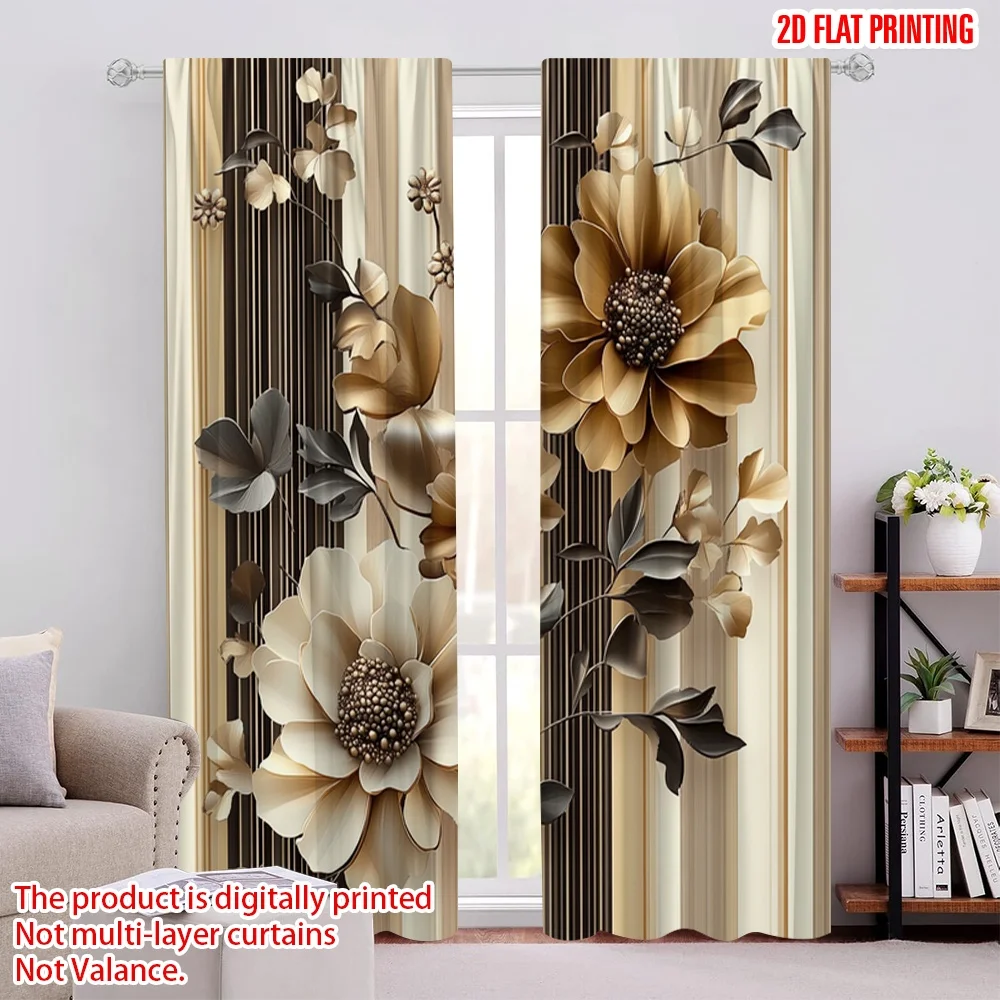 

2Pcs 2D Flat PrintingTan Curtain Vintage Boho Cottagecore Monochromatic Flowers On A Striped Almond Dark Reseda Green For Living
