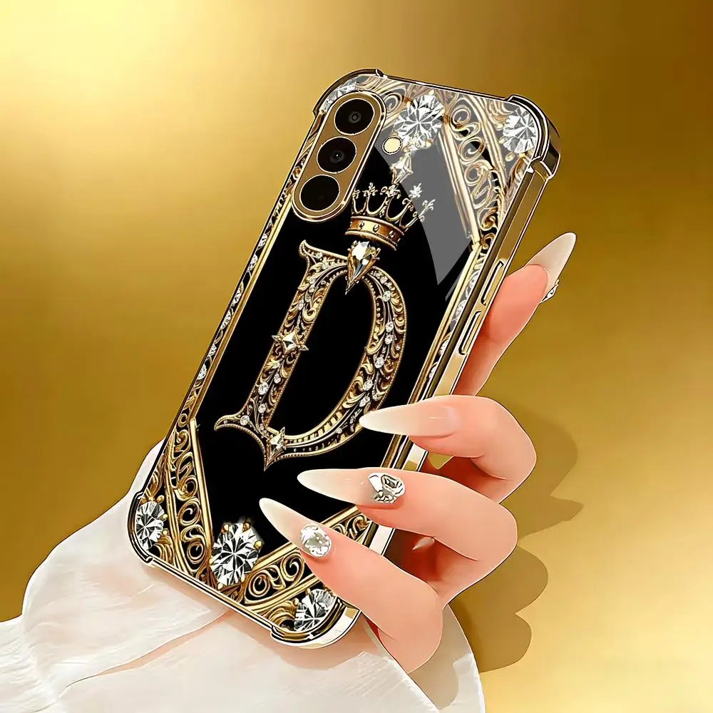 Crown letter D electroplated glass phone case suitable for Samsung Galaxy S26 S25 S24 S22 S21 S20 FE/Ultra/Plus anti drop