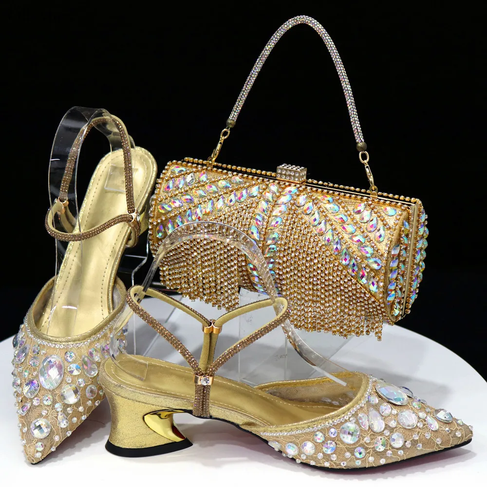 

Newest Summer Italian PU With Crystal High Heels Shoes And Bag Set Hot Sale Party Shoes And Matching Bag Set For Dress