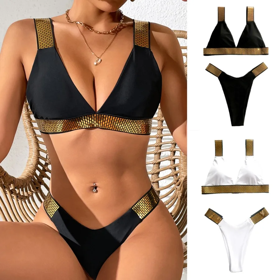 HOTUnique gold shoulder strap bikini for women split swimsuit triangle bikini.