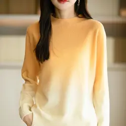 Autumn Winter New Semi High Neck Knitted Pullovers Thick Base Women's Clothing Gradient Color Loose Stylish All-match Sweaters