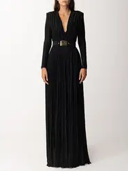 Bonboho Women Evening Dresses V-neck Long Sleeve Pleated Dress Solid Color High Waisted Belted Wrap Dress for Ladies Party Dress