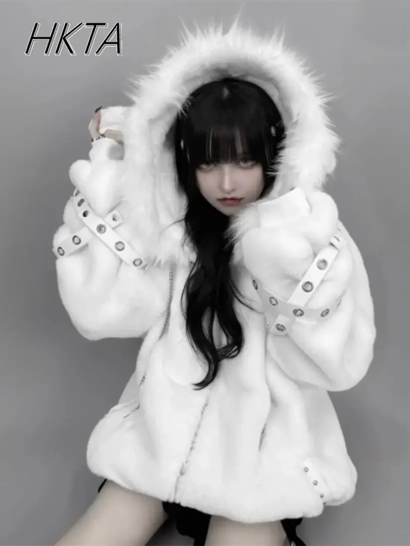 Japanese Mine Sweet Cool Warm Fluffy Coat Women Winter Subculture Punk Cute Lamb Ears Cute Fluffy Jacket Y2k Harajuku Coats