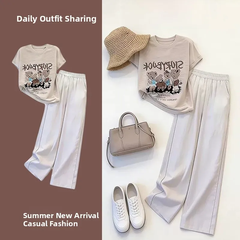 

Casual Sportswear Set Women's Fashionable Printed Short Sleeve Polyester Linen Blend Wide Leg Pants Two Piece Suit Summer 2026