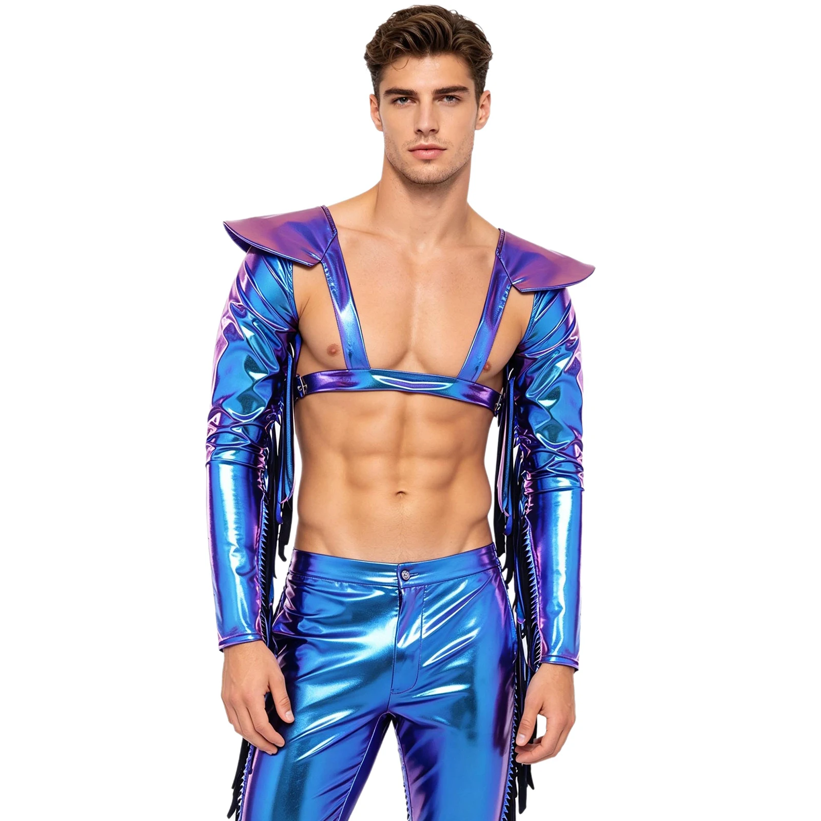 Herren Metallic Glänzende Fransen-Armstulpen Langarm mit Quasten Strukturierte Epauletten Verstellbarer Körper-Brustgurt Party Crop Top