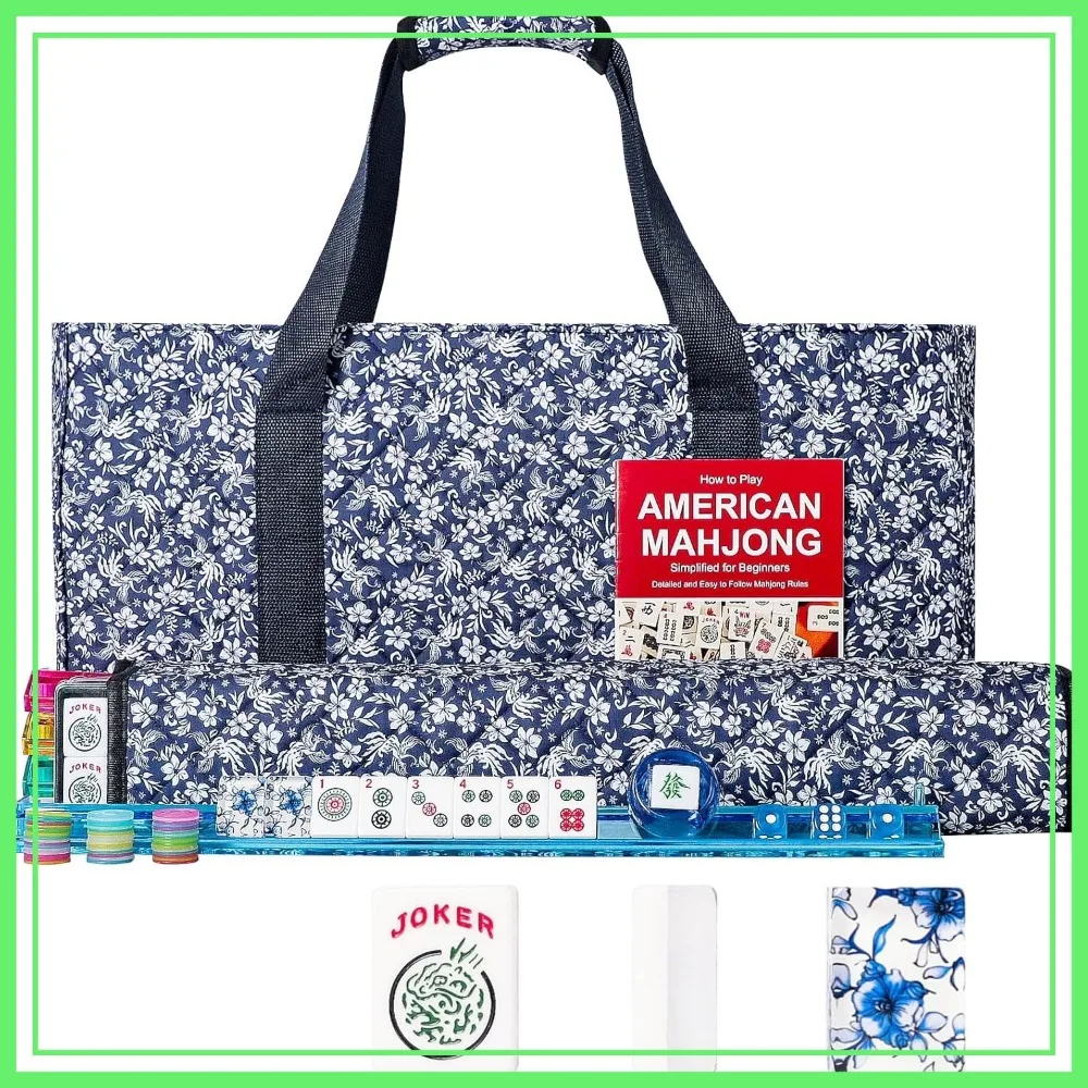 

166-Piece American Mahjong Set, Acrylic Tiles with Blue Floral Design, Complete Game Set with Racks and Carrying Bag