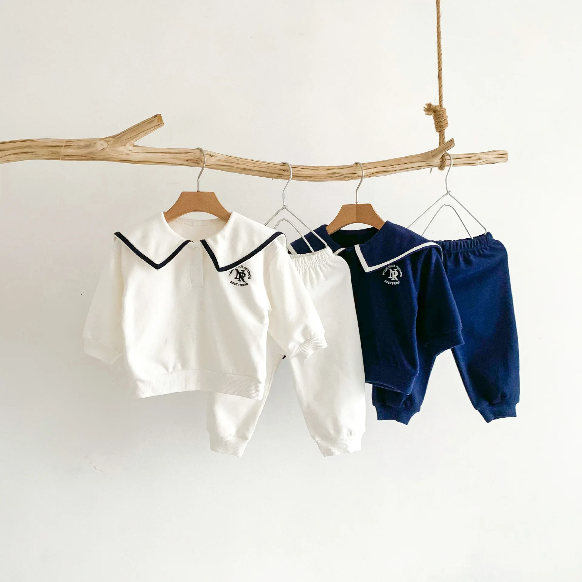 2023 Autumn Baby Embroidered Navy Neck Casual Sweatshirt Set Boy and Girl Sports Two-Piece Baby Kids Outfit Set Newborn Clothes