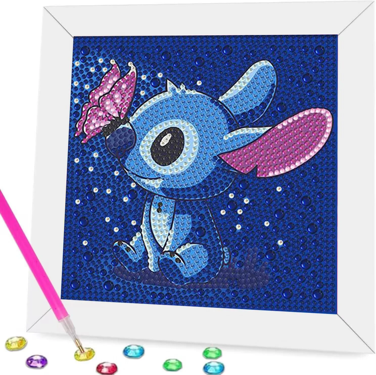 18x18cm With White Frame 5D Full Round Drill Diamond Painting Kit Cute Big Ears Blue Alien Pet Boba Milk Tea Cyan Bubble Backgro view 2