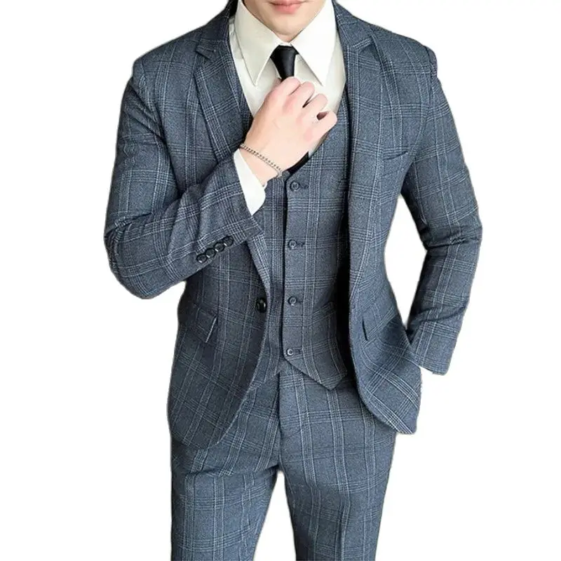 The main fashion new slim-fit plaid suit + waistcoat + dress pants handsome business casual wedding three-piece men\'s clothing