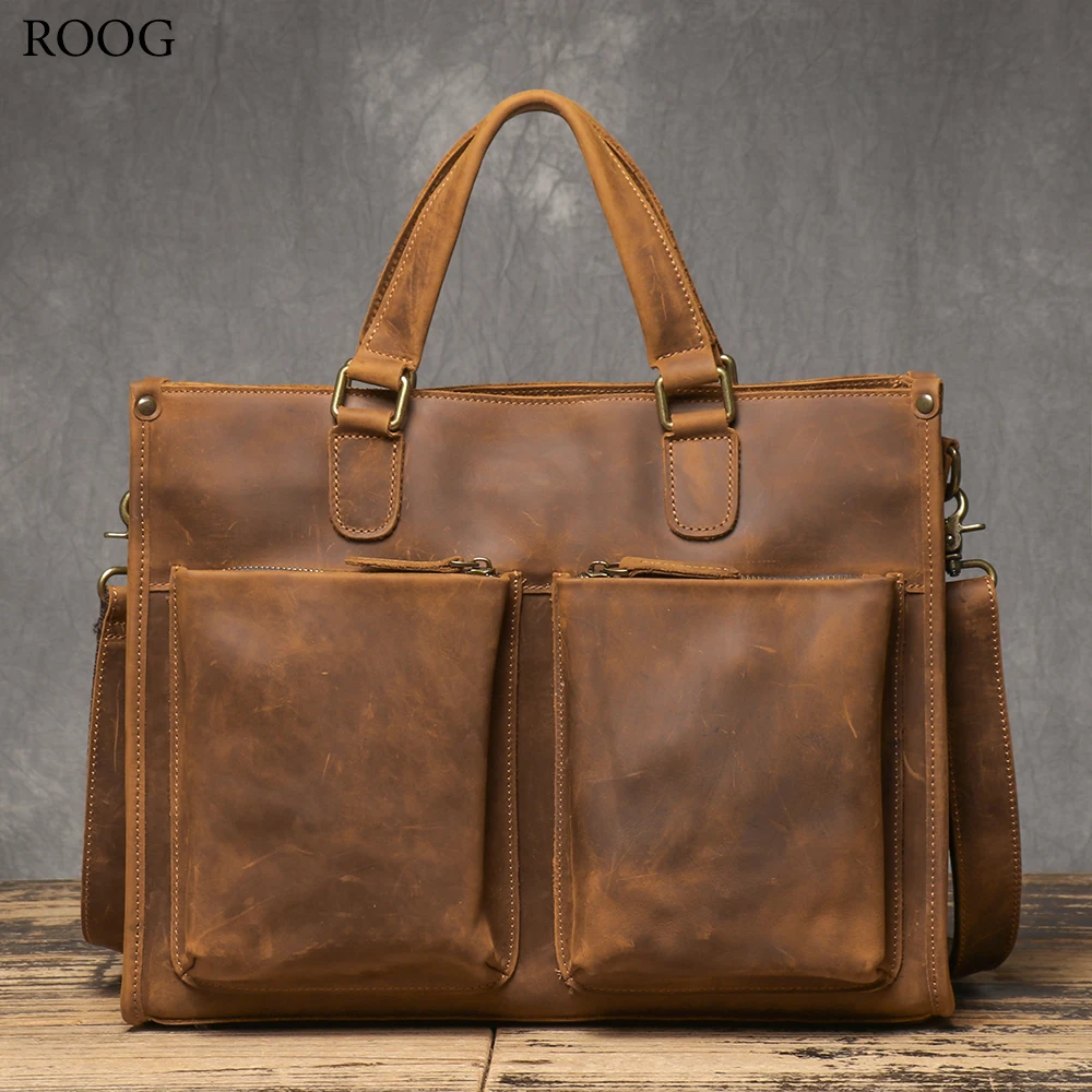 ROOG Men's Vintage Top Layer Cowhide Briefcase, Laptop Bag, Retro Casual Shoulder Bag,Large Capacity Messenger Bag