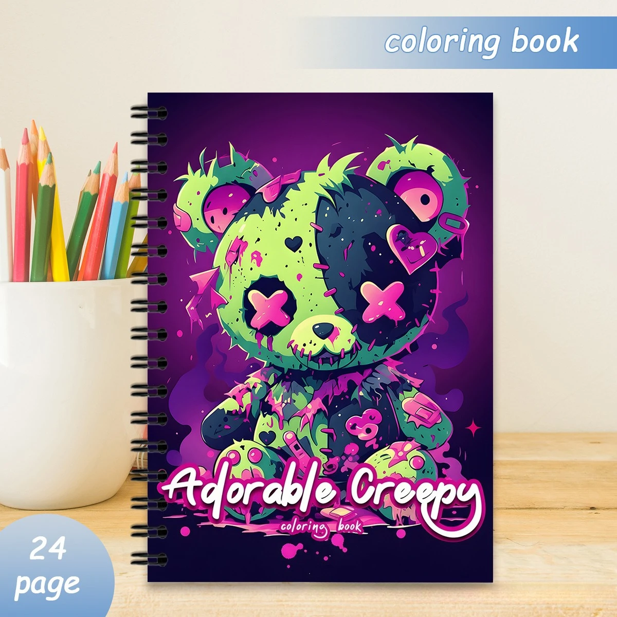 

A4 Spiral Bound Creepy Cute Boy Coloring Book for Adults 24 Pages Dark Kawaii Art Relaxing Creative Therapy Gift