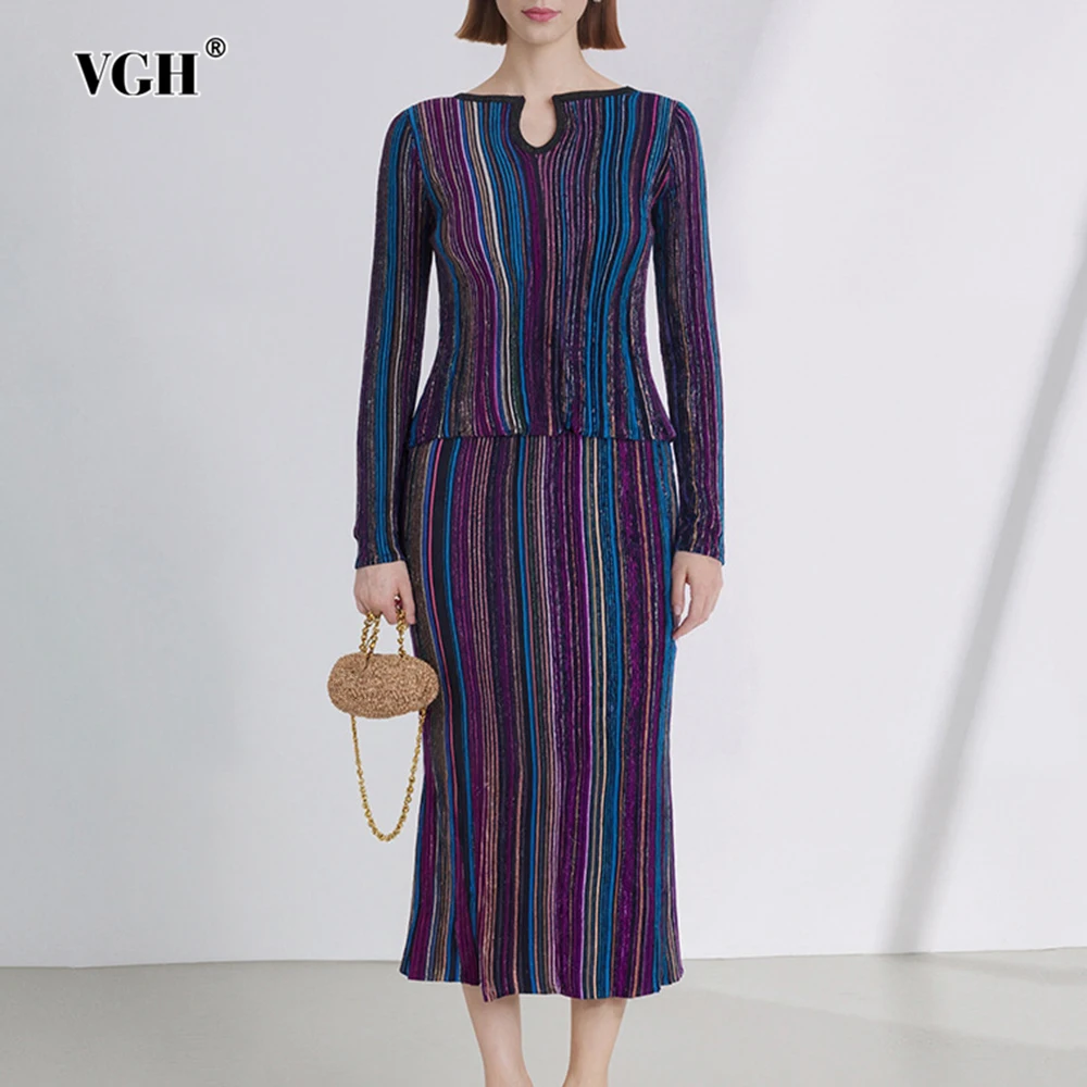 

VGH Beach Style Slim Two Piece Sets For Women Round Neck Long Sleeve Top High Waist Skirt Casual Hit Color Set Female Fashion