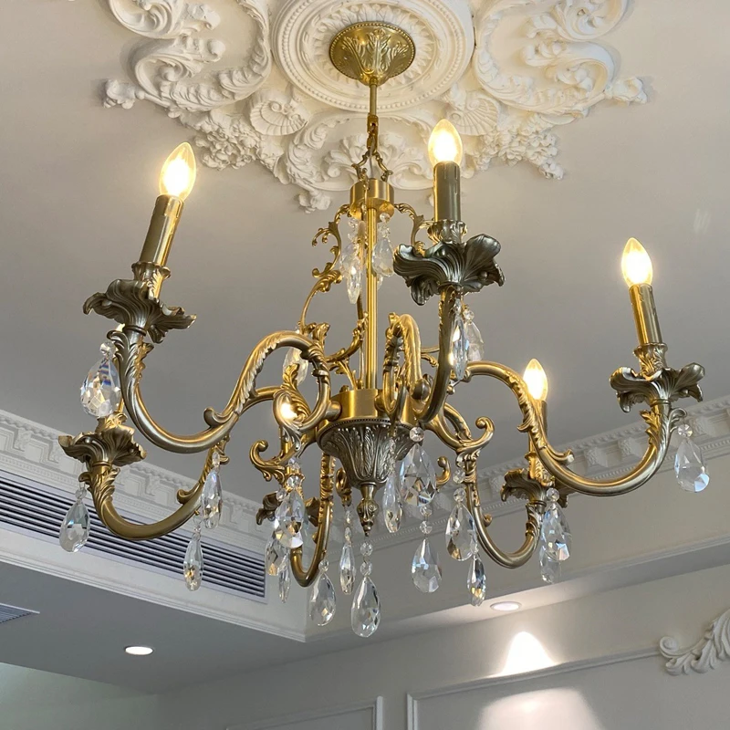 European-Style Natural Crystal Chandelier Brass Lighting for Living Room French Retro Western-Style Church Decoration
