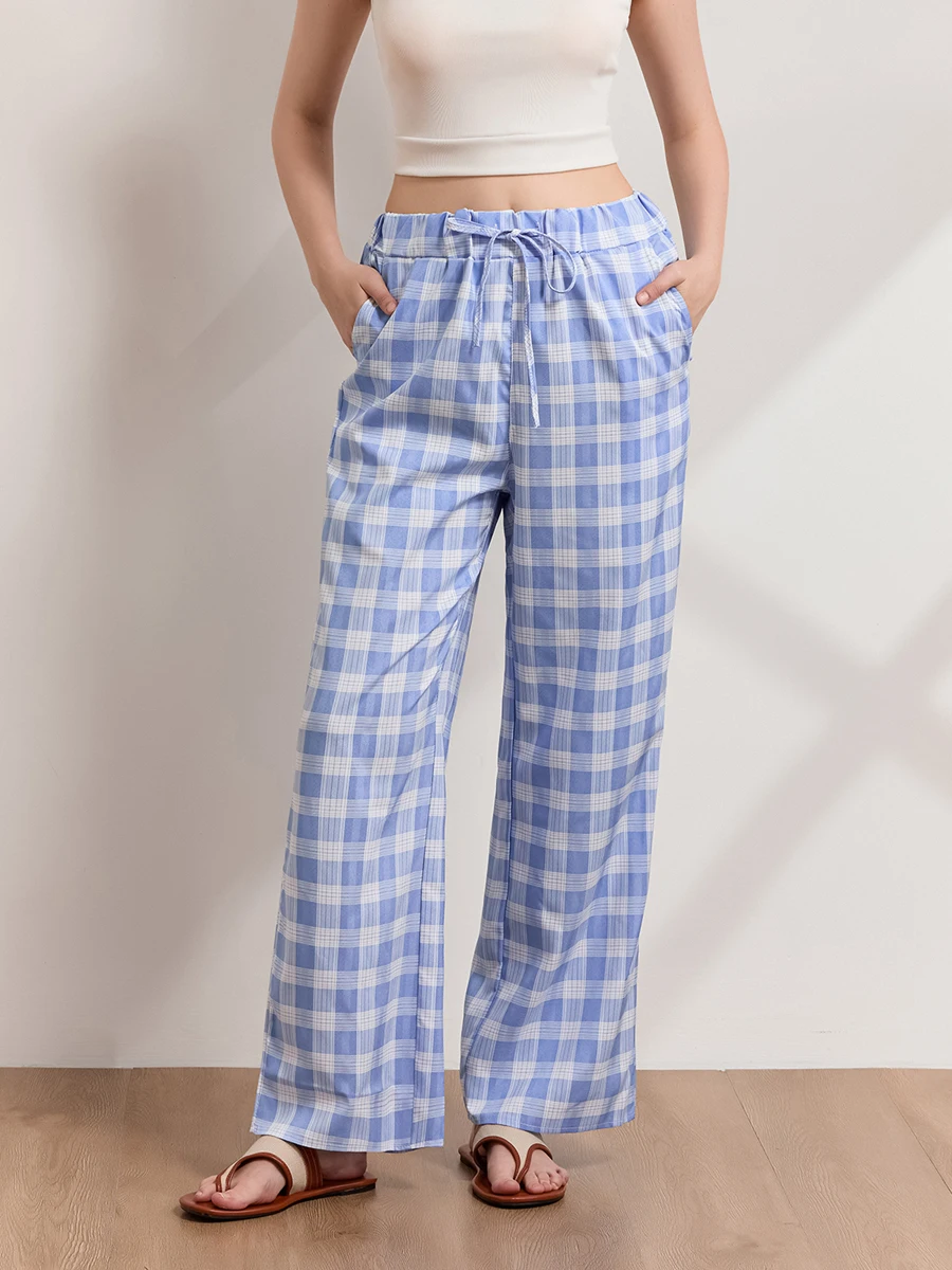 Women Plaids Lounge Pants Elastic Waist Drawstring Loose Long Trousers for Home Sleepwear Daily Bottoms