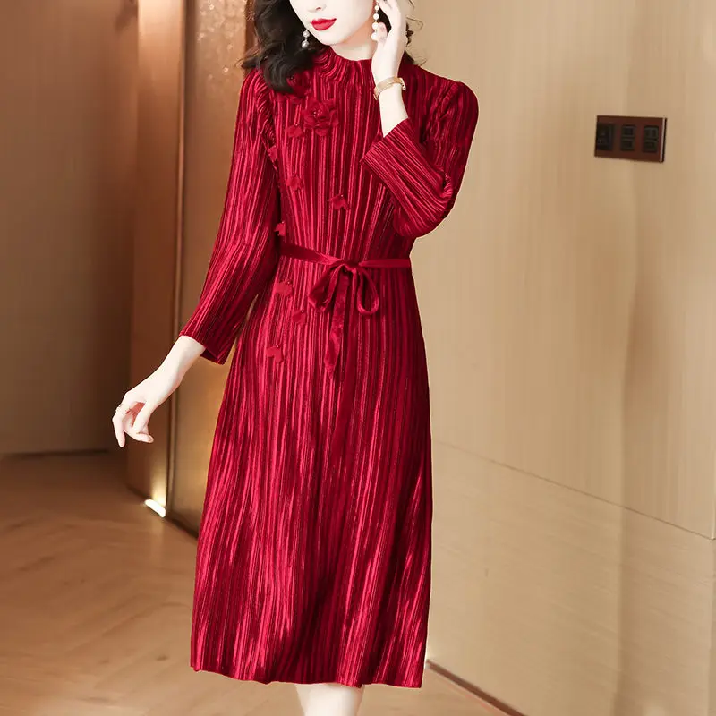 

Pleated Velvet Dress Large Size Fashion Elegant Half High Neck Slim Mother's Wedding Dress Noble Ladies Autumn Vestidos T1423