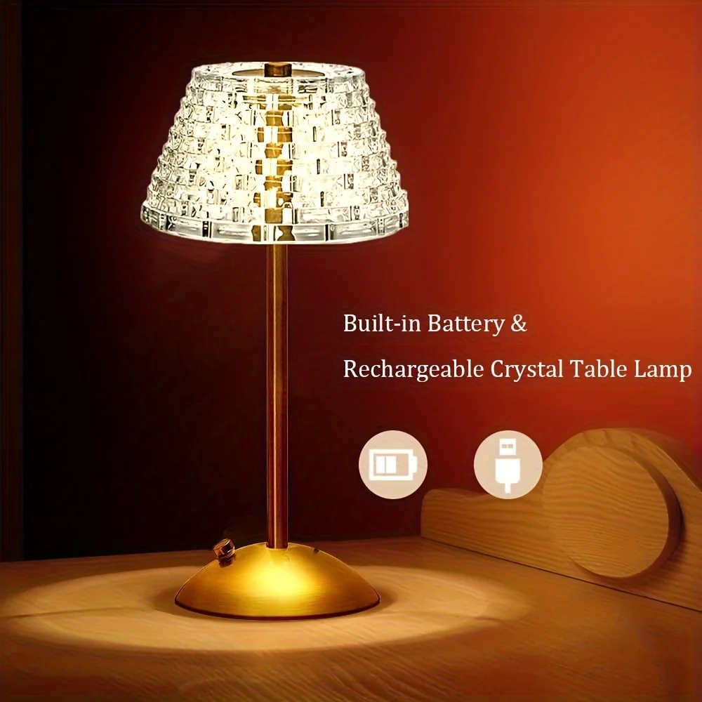 Portable Crystal LED Table Lamp, 3-Levels Brightness Desk Lamp, 3 Color Touch Control Rechargeable Lamp, Night Light Dining Lamp