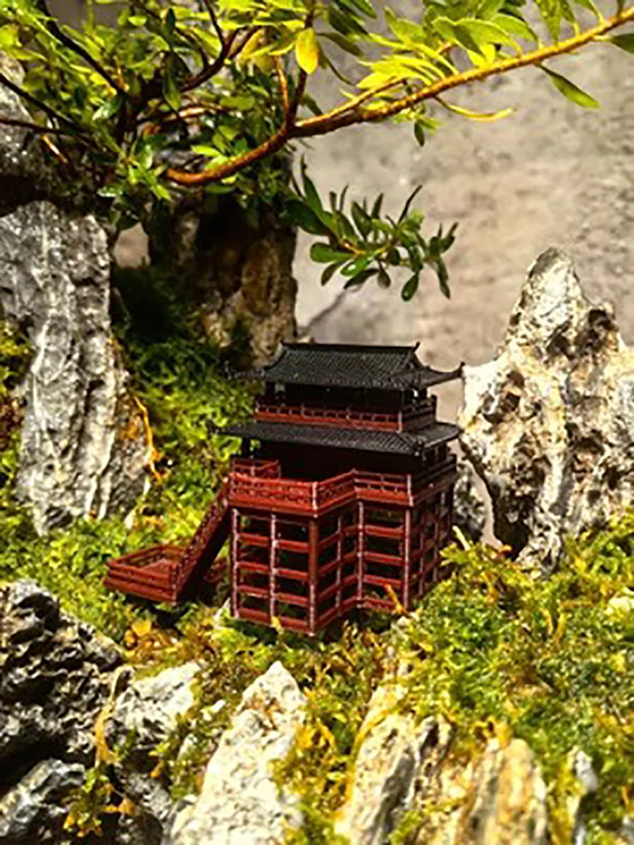 Paisaje de construcción de Stilted, adornos pequeños, modelos arquitectónicos antiguos, Montañas falsas, tanques de peces, material de bonsái para patio