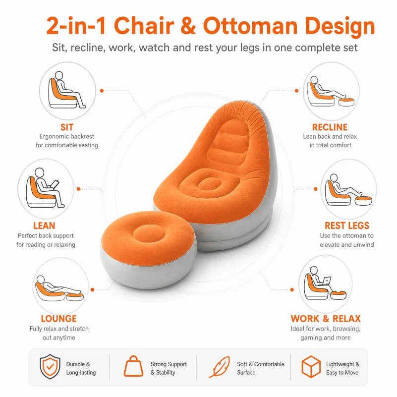 Flocking Inflatable Lazy Sofa Set with Foot Stool, Portable Foldable Air Sofa Chair, Indoor Bedroom Outdoor Camping Leisure Infl
