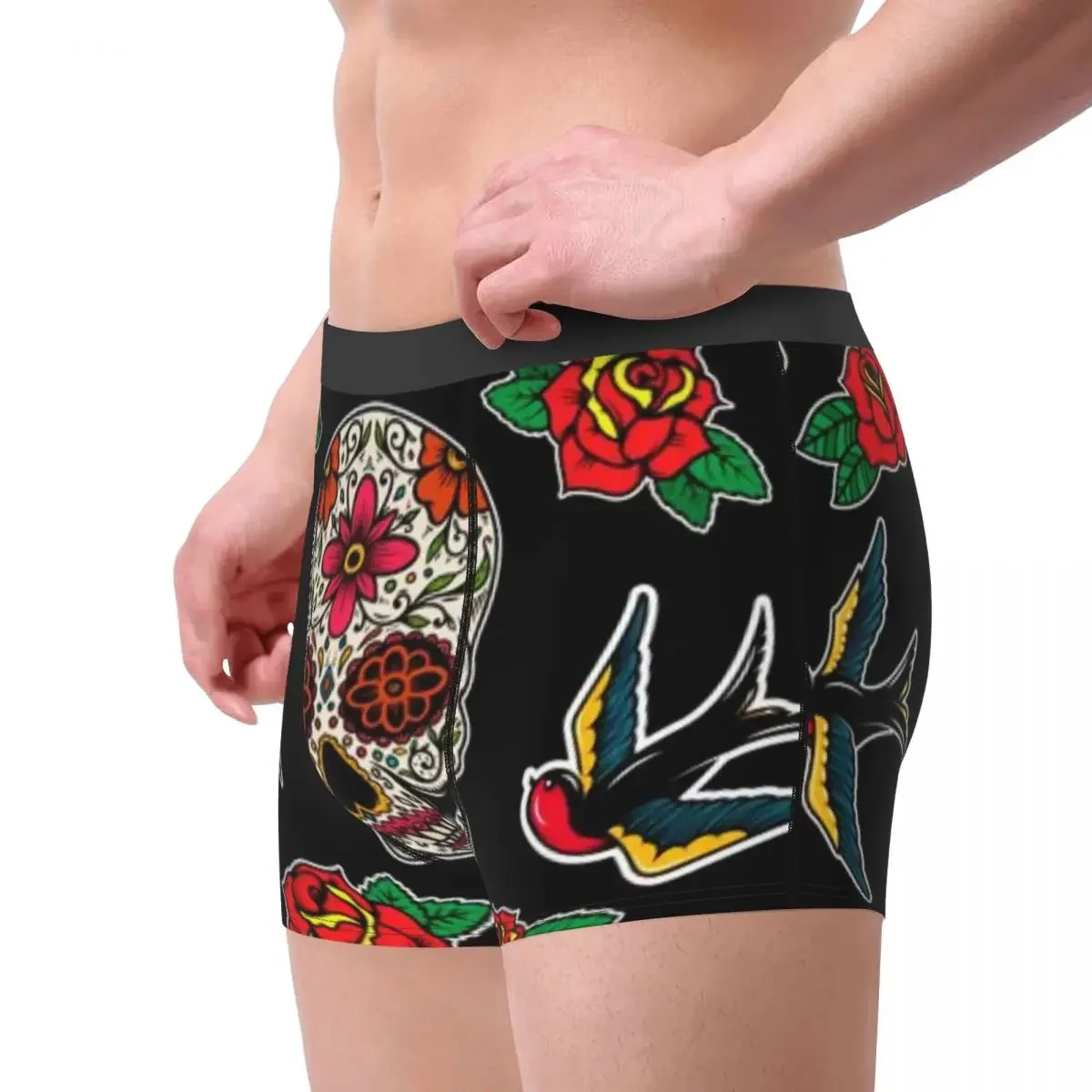 Mens Boxer Sexy Underwear Mexican Sugar Skulls Swallows Underpants Male Panties Pouch Short Pants