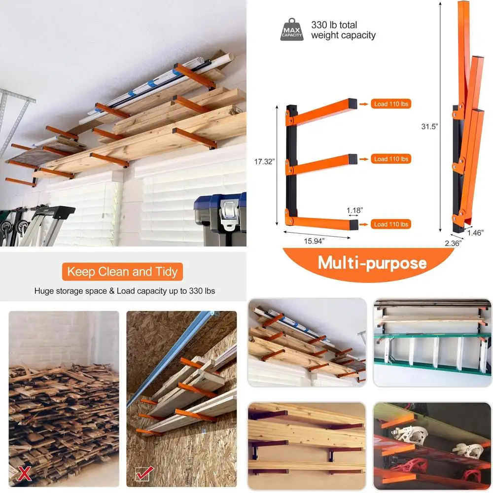 

3-х уровневая деревянная стойка-органайзер для улицы и помещения — настенное крепление для хранения металлических пиломатериалов из 4 шт.