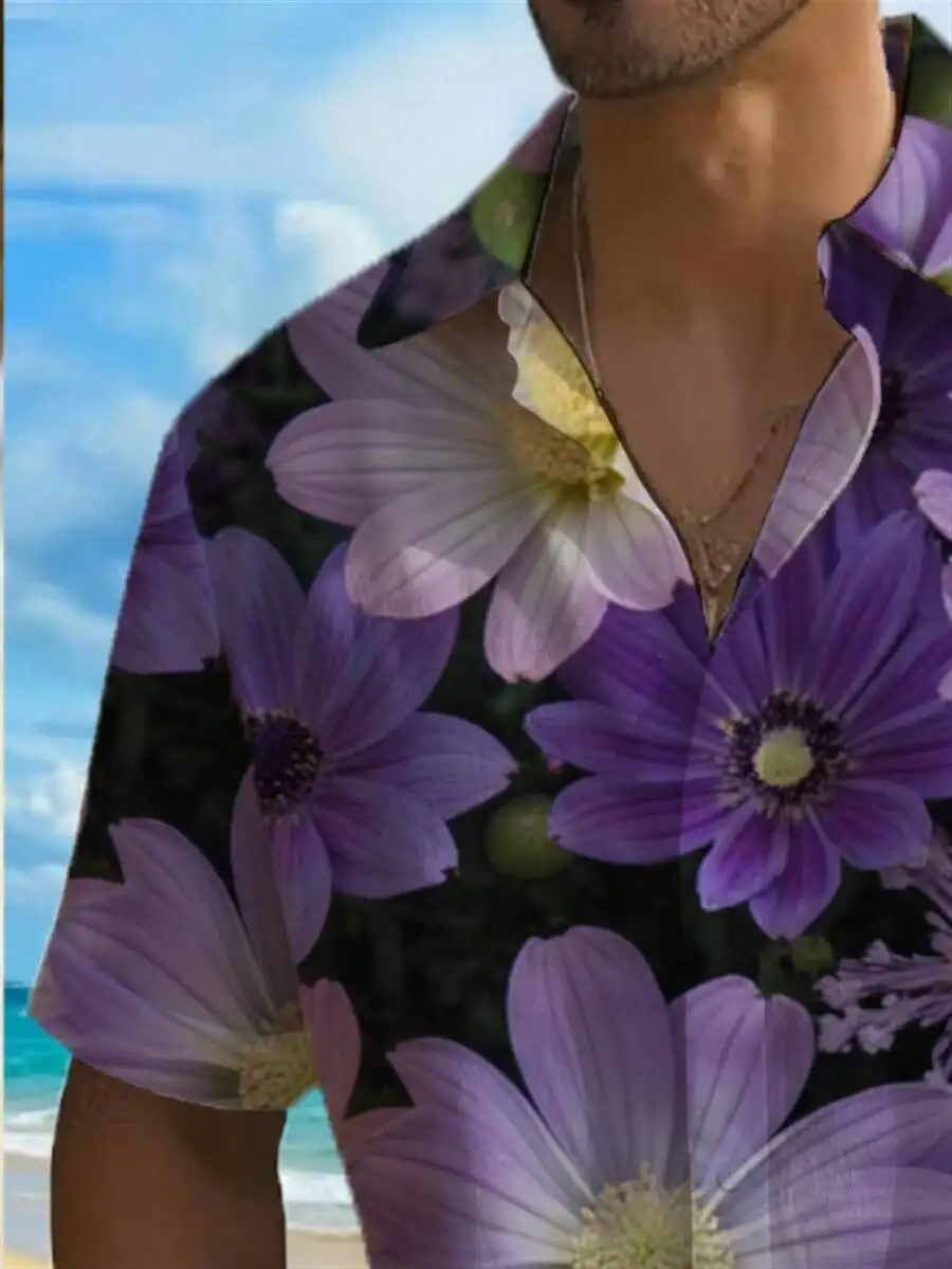 

Purple Daisy Floral Print Mens Short Sleeve Casual Beach Button Up Shirt