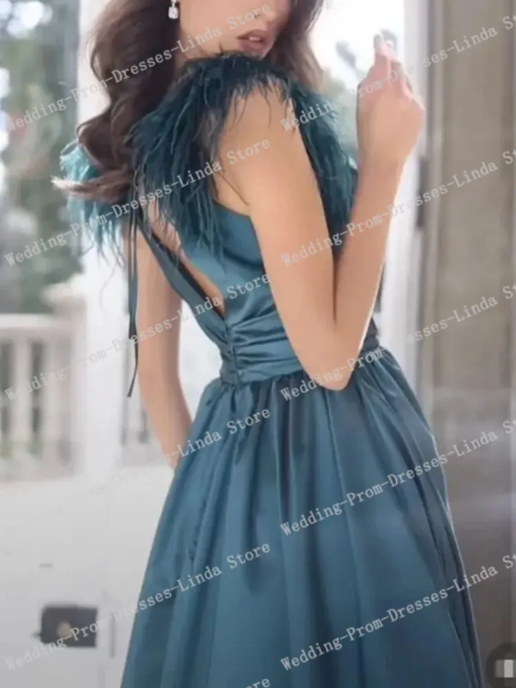 Blue Fashion Evening Dresses A-Line Sweetheart Floor Length Formal Prom Party Gowns Matte Satin Birthday Gowns Feathers