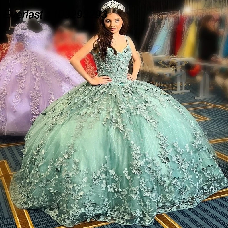 

EVLAST блестящее мятно-зеленое платье-бабочка, бальное платье, Кружевная аппликация, вышитая бисером, с накидкой, милое платье 16, 15 лет TQD309