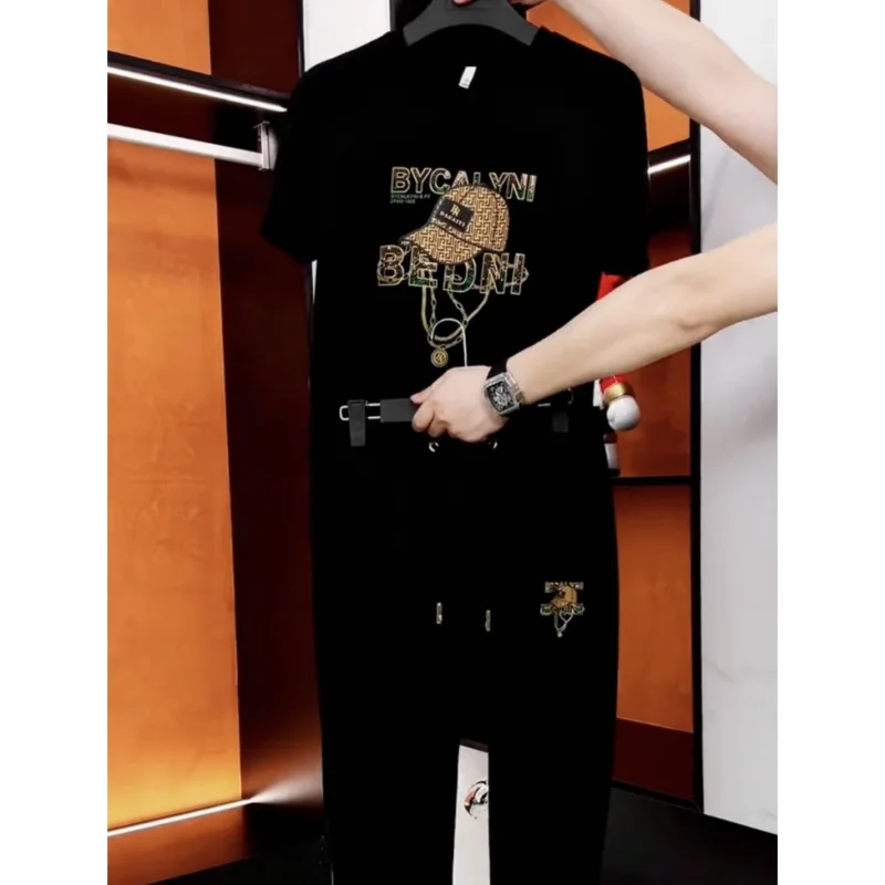 

Мужской летний комплект из полиэстера: футболка с круглым вырезом и длинные брюки, модная новинка.