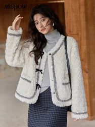 MISHOW Lamb Wool Jacket Women 2024 Winter Women Clothing Color Clash Bow Design Soft Thick Warm Coat V-Neck Plush Top MXD55W0547