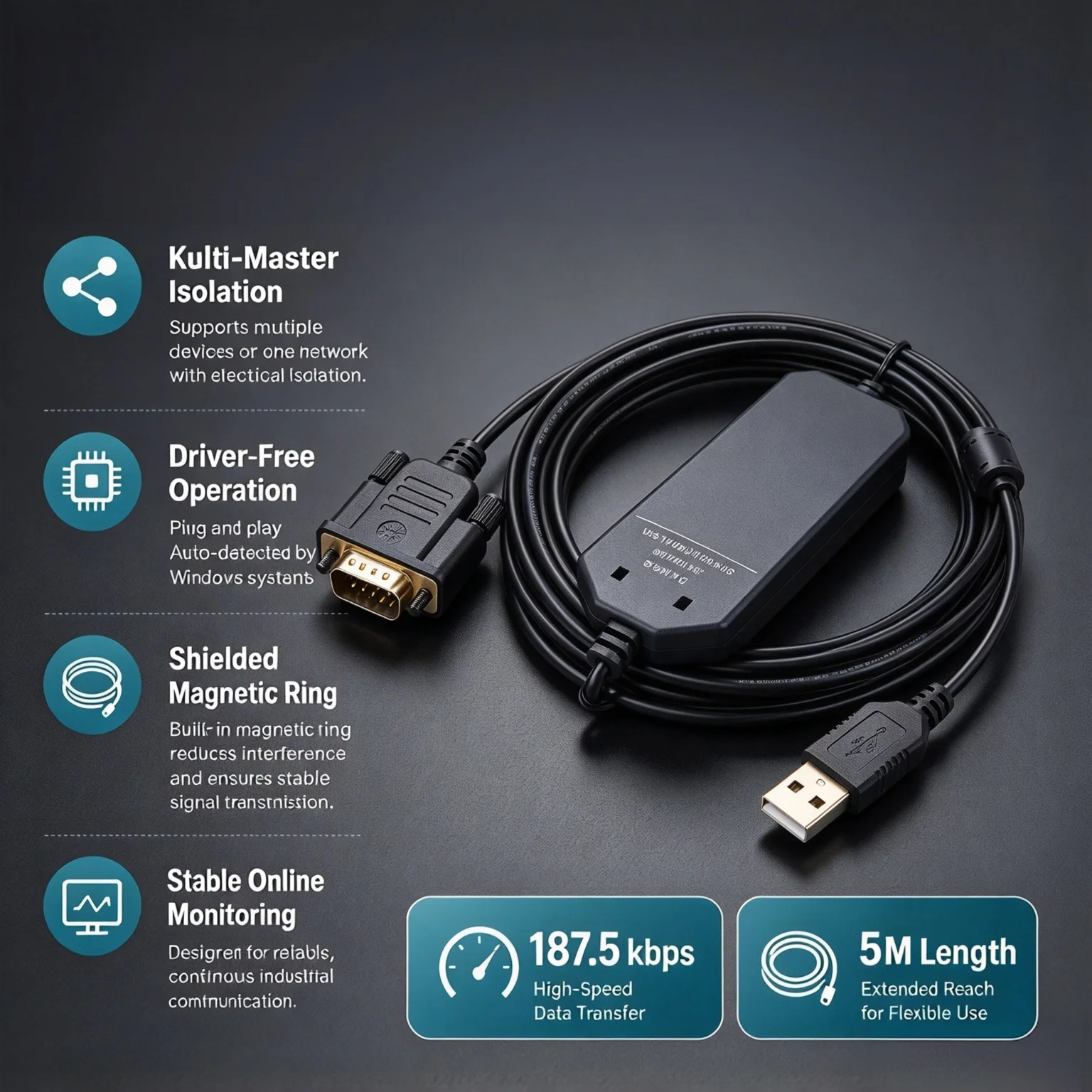 Driver-Free PLC Programming Cable 6ES7901-3DB30-0XA0 USB PPI 5M 187.5kbps Isolated for Siemens S7-200 S7-200CN SMART Controller