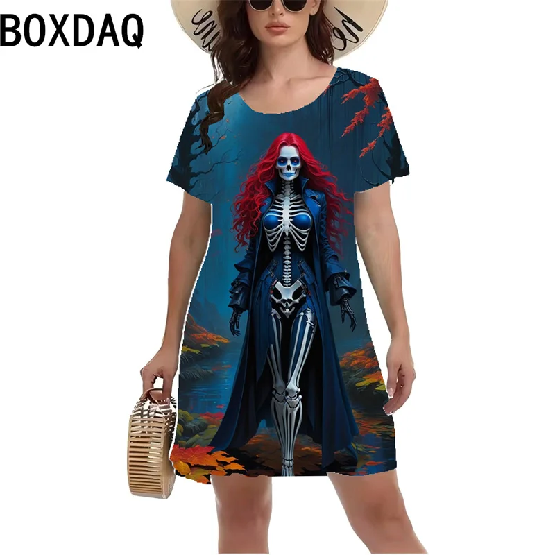 Vintage Skull Rose Flower Printed Dress Women Big Size Short Sleeve O-neck Dress Summer Harajuku Casual A-Line Dress Vestidos