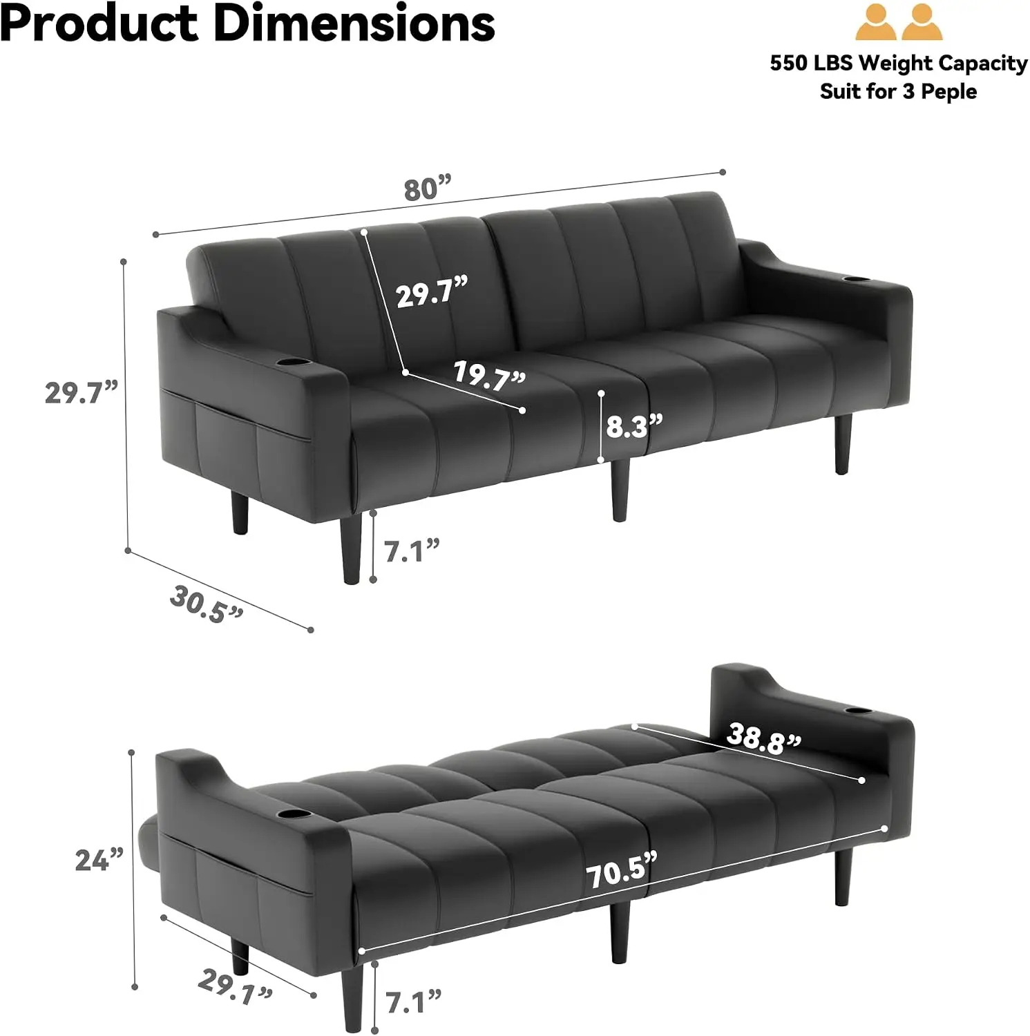 80'' Futon Sofa Bed,Faux Leather Futon Sleeper Sofa, Convertible Loveseat with Adjustable Sofa Backrest,Modern Couches for Livin