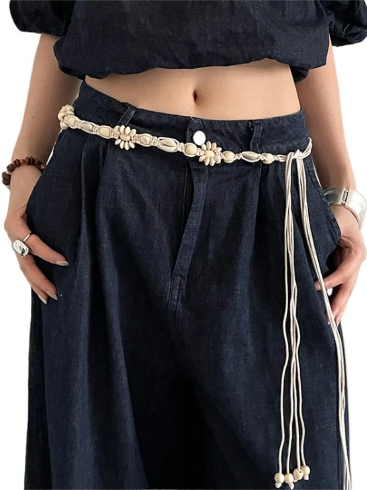 

Женский плетеный пояс в богемном стиле - новинка 2025 года, винтажная поясная веревка в стиле макраме с цветочными бусинами, декоративный аксессуар для платья