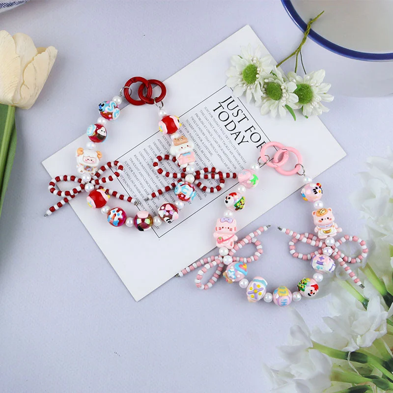 Cute Animal Hand Drawn Beaded Bow Mobile Phone Chain Keychain Bag Decoration Anti Loss Phone Case Strap