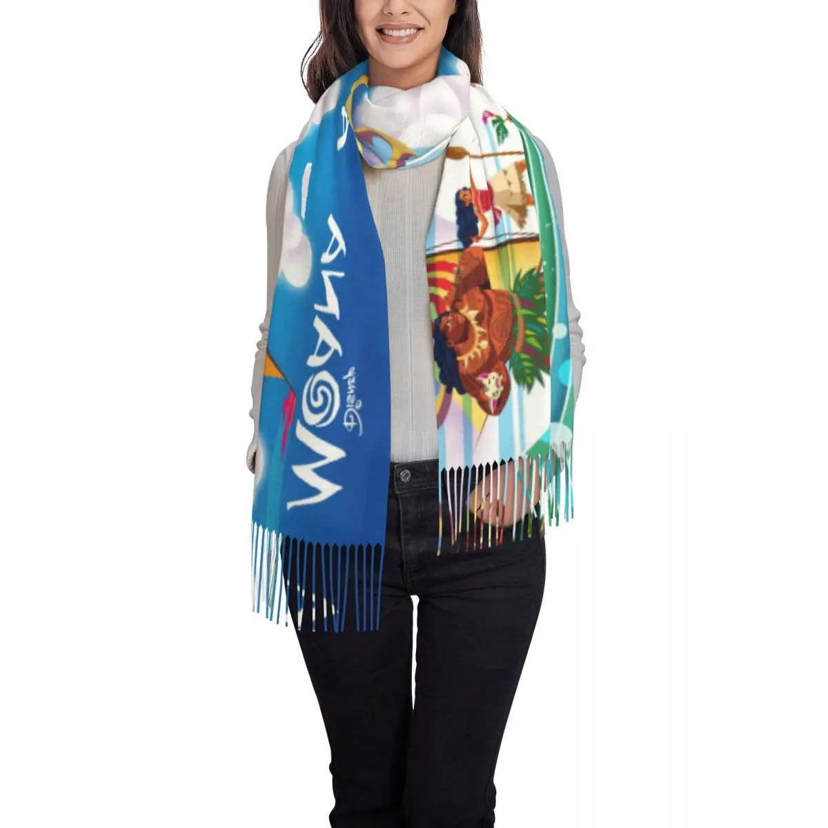 Custom Moana Ocean Spirit Poster Tassel Scarf Women Soft Shawls Wraps Female Winter Fall Scarves