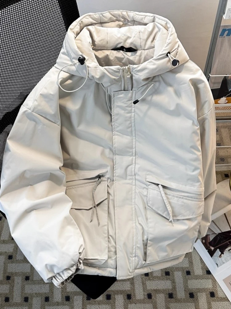 

Мужская зимняя утолщенная куртка с капюшоном на хлопковой подкладке, однотонная негабаритная куртка-карго с большими карманами, пуховик, морозостойкая повседневная верхняя одежда