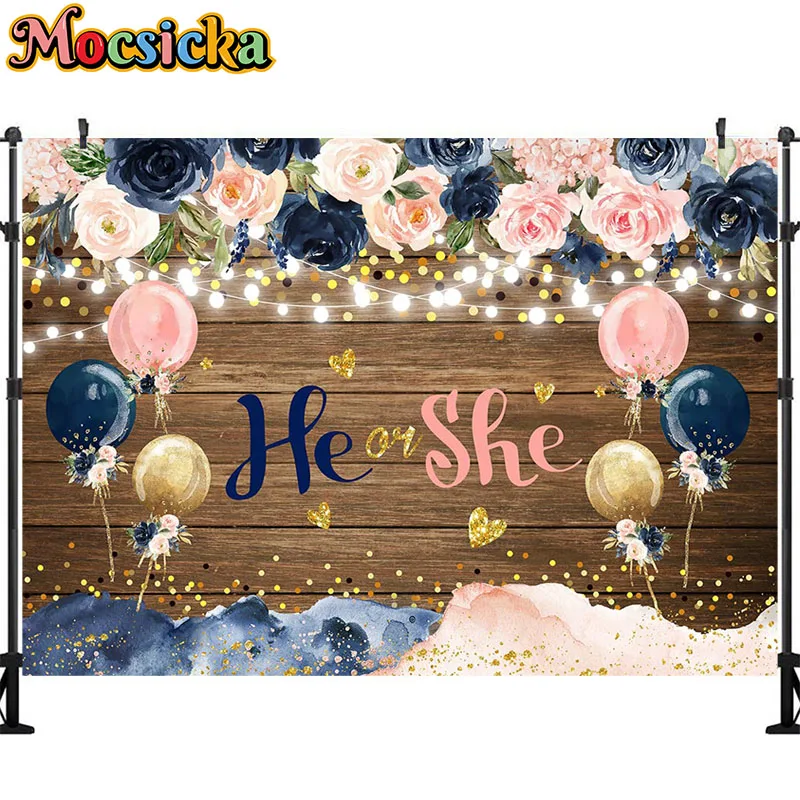 He o She-telón de fondo de revelación de género, tablero de madera, pajarita rosa y azul, flor, pajarita, Baby Shower, Retrato, fotografía de fondo