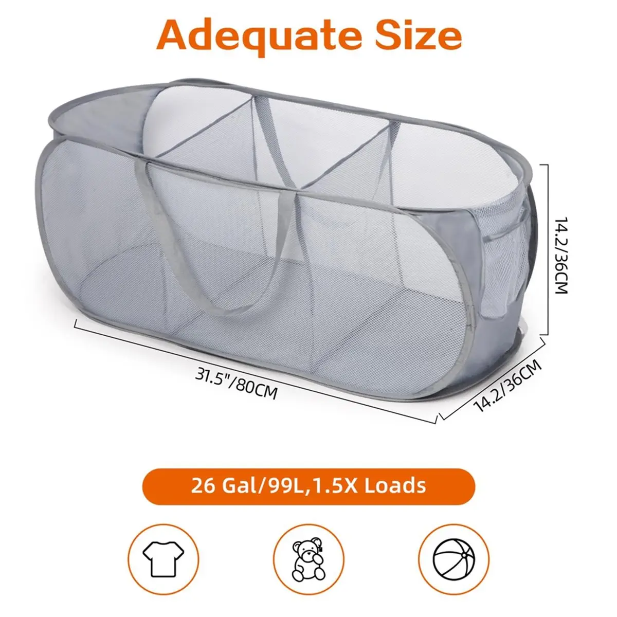 Utility Design Mesh Laundry Hamper Basket, 3 Compartments Laundry Basket, Foldable Up Laundry Hamper with Side Pocket for Laundr