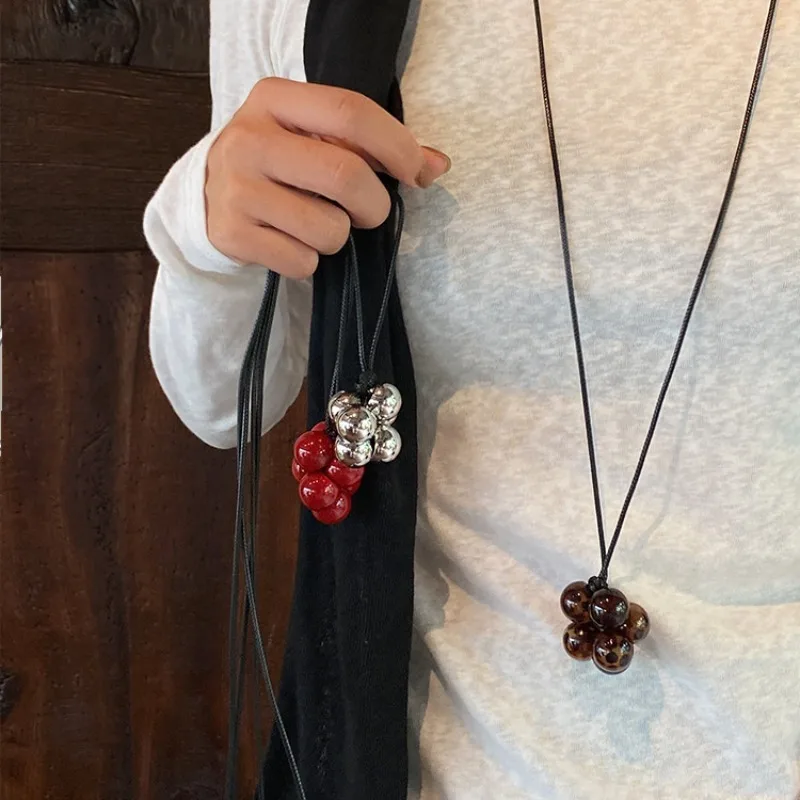 

Versatile Grape Bead Pendant Necklace Long Small Ball Black Cord Colorful Cluster Jewelry Women Boho Party Accessories Gift