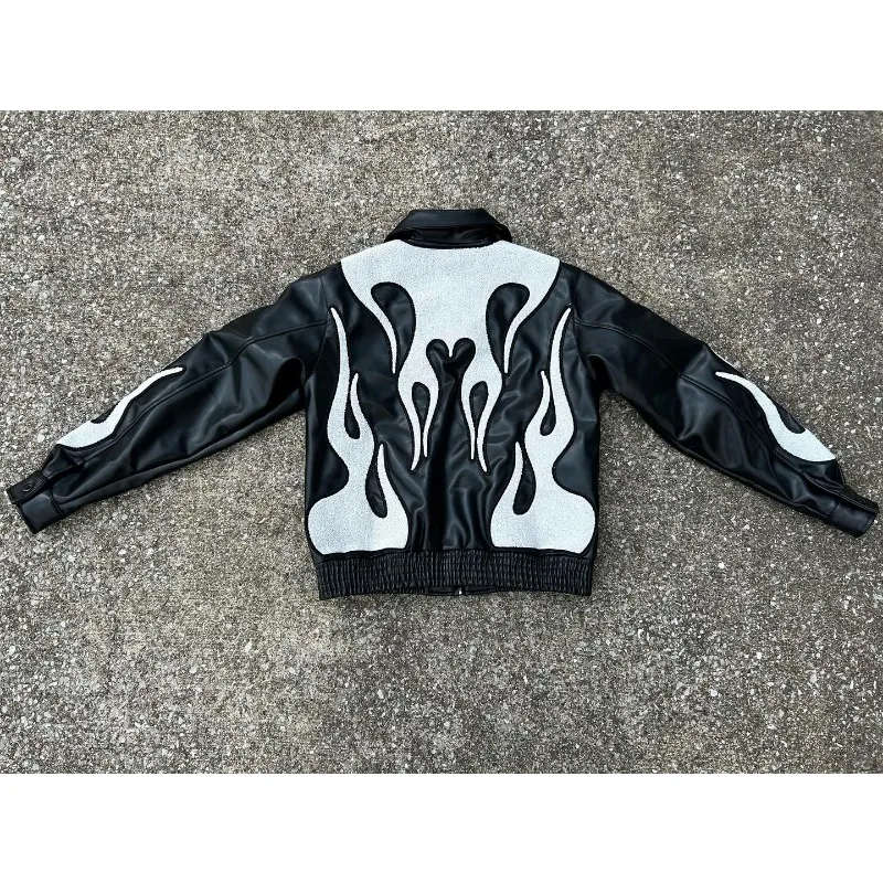 American high-quality PU leather flame racing element embroidery zipper jacket men clothes y2k autumn winter fashion couple coat