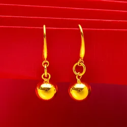 Natural 14K Yellow Gold Color Glossy Beads Drop Earrings for Women Bride Female Wedding Luxury Earrings Fine Jewelry Gifts