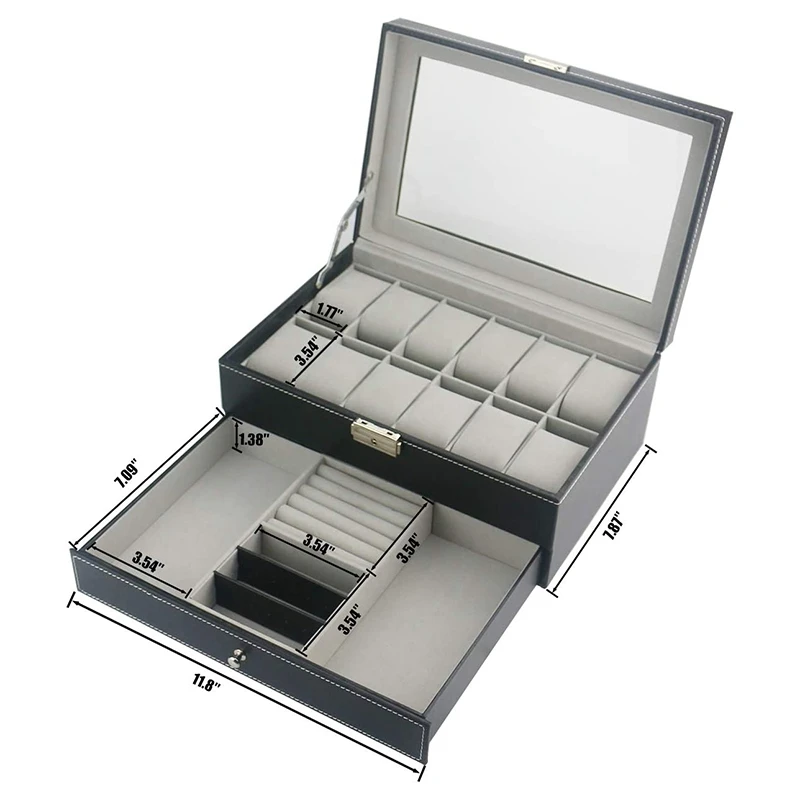 ELBA_12 Slot Lockable Watch Storage Boxes Jewelry Display Drawer Case 2-Tier Organizer Watch Showcase with Glass Lid