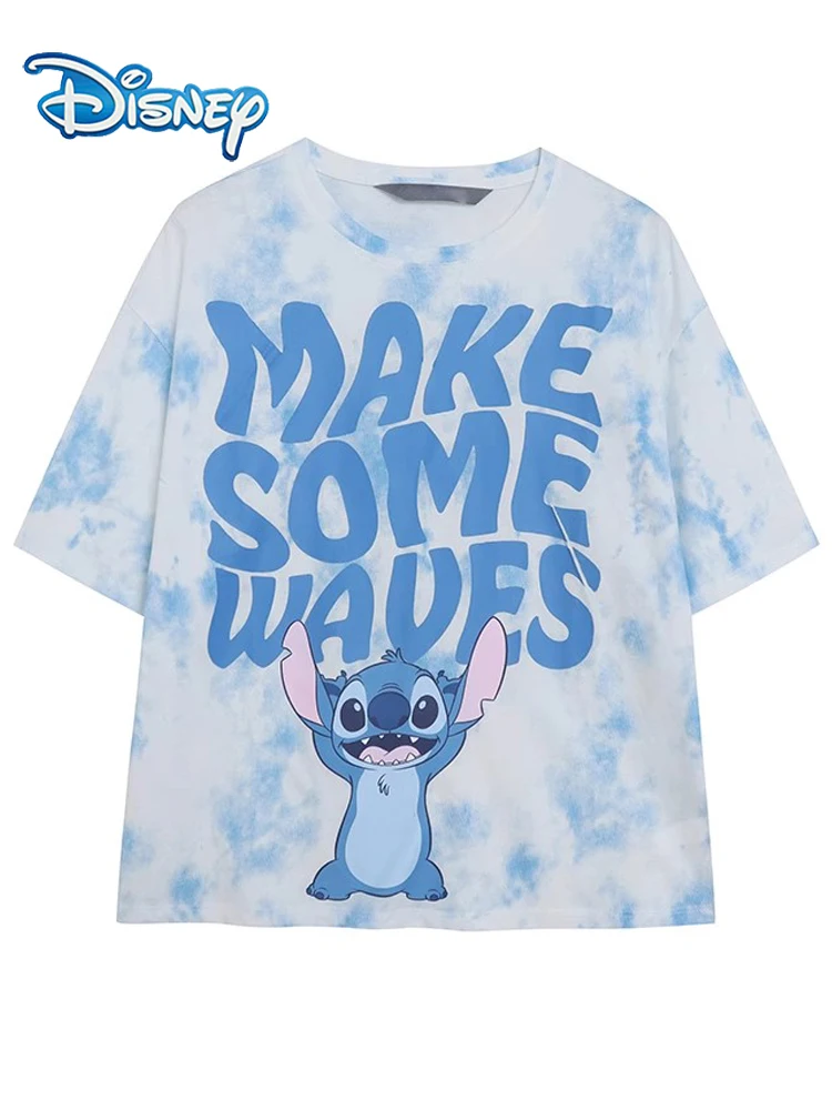 

Disney Stitch Little Monster Letter Cartoon Print Tie-dyeing Casual Women Short Sleelve O-Neck Pullover Loose Tee Tops Female
