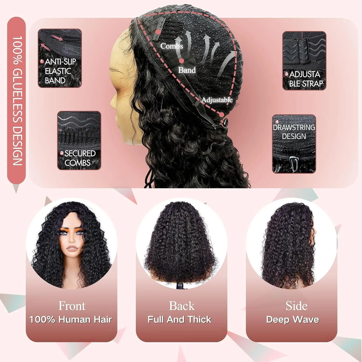 Deep Wave Half Wig Human Hair 24inch Wear and MachineCurly Wig 200% Density 3 In 1 Seamless Flip Over Drawstring No Headband Wig for Black Women Beginner Friendly Natural Color